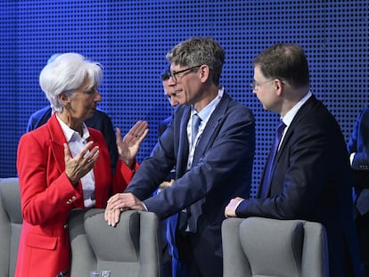 La presidenta del BCE, Christine Lagarde, durante la reunión del Eurogrupo celebrada en Varsovia el pasado 11 de abril.